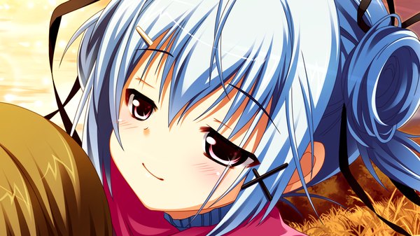 Anime picture 1280x720 with asa project ren'ai 0 kilometer kinomoto hana yuunagi seshina short hair red eyes wide image blue hair game cg girl