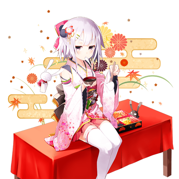 Anime picture 1024x1024 with uchi no hime-sama ga ichiban kawaii nekomu single blush fringe short hair sitting purple eyes bare shoulders silver hair traditional clothes japanese clothes pleated skirt hair flower wide sleeves floral print transparent background eating lolita fashion egasumi