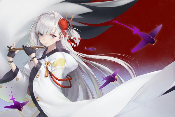 Anime picture 1980x1328 with azur lane shoukaku (azur lane) iori (cpeilad) single long hair looking at viewer blush fringe highres standing purple eyes holding silver hair upper body blunt bangs traditional clothes japanese clothes hair flower lips mole