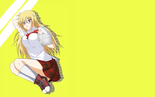 Anime picture 2560x1600 with ben-tou david production shaga ayame single long hair blush highres blue eyes simple background blonde hair wide image yellow background girl uniform school uniform socks glasses food white socks sneakers