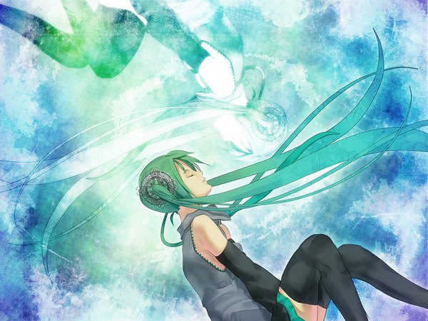 Anime picture 2000x1500 with vocaloid hatsune miku 1g (artist) long hair highres twintails eyes closed aqua hair reflection girl thighhighs detached sleeves