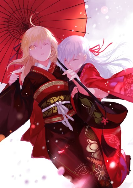 Anime picture 1200x1697 with fate (series) fate/stay night type-moon artoria pendragon (all) saber matou sakura joseph lee long hair tall image open mouth blonde hair multiple girls yellow eyes white hair eyes closed traditional clothes japanese clothes one eye closed wink shared umbrella