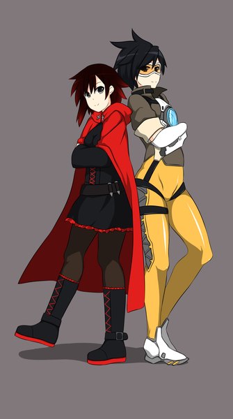 Anime picture 1073x1920 with rwby overwatch blizzard entertainment rooster teeth ruby rose tracer (overwatch) shikniful tall image short hair black hair simple background smile multiple girls brown eyes full body red hair multicolored hair grey background grey eyes gradient hair