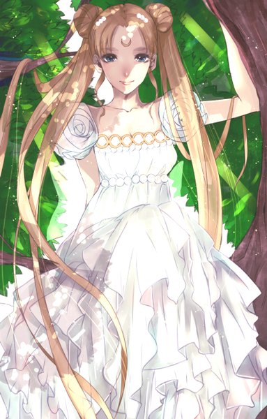 Anime picture 800x1252 with bishoujo senshi sailor moon toei animation tsukino usagi princess serenity jun (anna19791220) single long hair tall image looking at viewer blue eyes blonde hair twintails girl dress plant (plants) tree (trees)