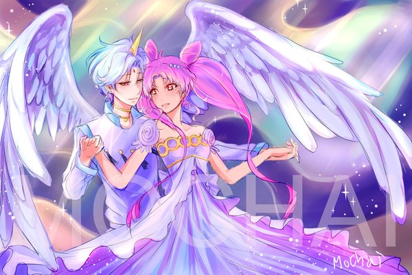 Anime picture 1024x683 with bishoujo senshi sailor moon toei animation chibiusa princess usagi small lady helios mochaikung (artist) long hair short hair blonde hair smile red eyes standing twintails pink hair purple hair white hair looking back horn (horns) light smile aqua hair