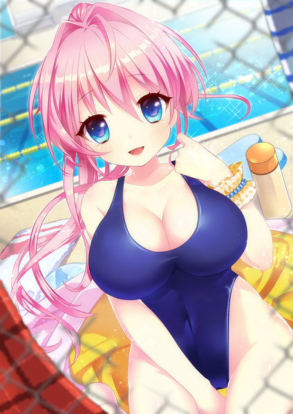 Anime picture 1000x1414 with original moe2017 09x single long hair tall image looking at viewer blush fringe breasts open mouth blue eyes light erotic hair between eyes large breasts sitting pink hair outdoors :d dutch angle