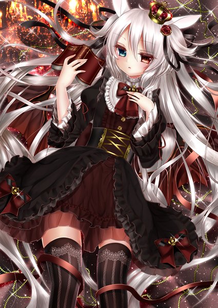 Anime picture 2508x3541 with original shanghai bisu single long hair tall image looking at viewer blush highres blue eyes red eyes animal ears white hair long sleeves wide sleeves heterochromia bat wings shiny girl thighhighs dress