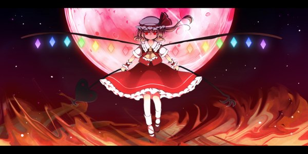 Anime picture 1500x750 with touhou flandre scarlet aize izumi single looking at viewer short hair blonde hair red eyes wide image loli letterboxed red moon girl dress skirt wings bonnet skirt set fire laevatein (touhou)