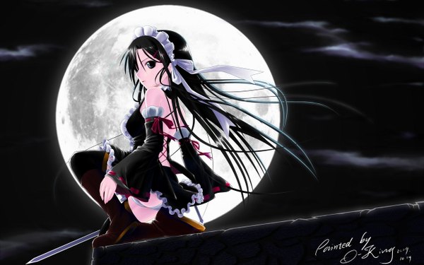Anime picture 1280x800 with okingjo single long hair black hair wide image signed black eyes night girl thighhighs weapon black thighhighs detached sleeves headdress maid headdress moon