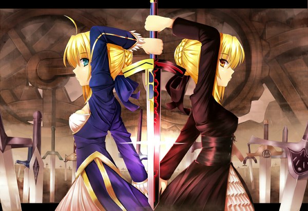 Anime picture 1100x756 with fate (series) fate/stay night fate/hollow ataraxia studio deen type-moon artoria pendragon (all) saber saber alter cafeore short hair blue eyes blonde hair red eyes multiple girls profile girl dress ribbon (ribbons) weapon 2 girls