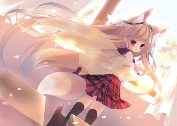 Anime picture 1000x713 with virtual youtuber mofumofu channel milia leclerc p19 single fringe brown hair animal ears indoors tail very long hair animal tail pleated skirt pink eyes sunlight fox ears fox tail fox girl plaid skirt girl