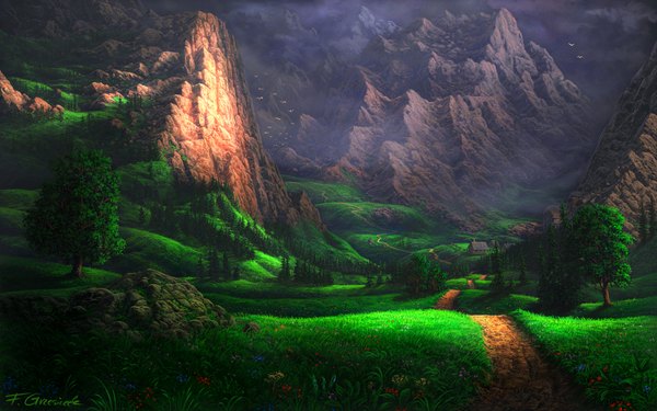 Anime picture 1680x1050 with original fel-x (artist) wide image sunlight wallpaper mountain landscape scenic nature rock fog plant (plants) animal tree (trees) bird (birds) grass house road