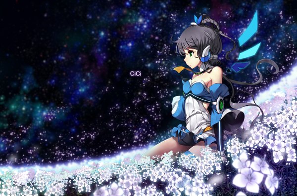 Anime picture 1800x1192 with vocaloid vocaloid china luo tianyi cici single long hair highres black hair bare shoulders green eyes girl dress flower (flowers) detached sleeves