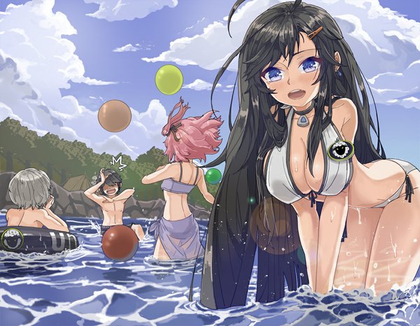 Anime picture 1125x875 with closers yuri seo seulbi lee j (closers) lee seha mistilteinn (closers) lhu (artist) long hair looking at viewer fringe short hair breasts open mouth blue eyes light erotic black hair large breasts standing sitting bare shoulders