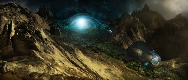 Anime picture 1400x595 with original edlo (artist) wide image sky cloud (clouds) light mountain no people landscape fantasy science fiction plant (plants) tree (trees) aircraft airship