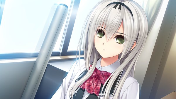 Anime picture 1280x720 with semiramis no tenbin akibe eru single long hair looking at viewer fringe hair between eyes wide image green eyes game cg white hair girl uniform school uniform hairband