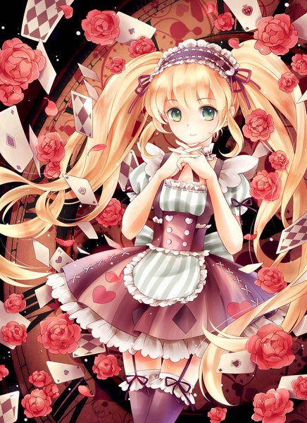 Anime picture 1600x2200 with original rina (artist) single long hair tall image looking at viewer blush blonde hair twintails green eyes light smile zettai ryouiki interlocked fingers girl thighhighs dress flower (flowers) black thighhighs card (cards) lolita hairband