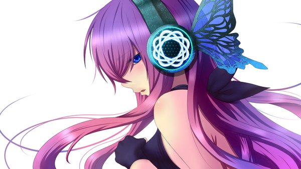 Anime picture 1920x1080 with vocaloid magnet (vocaloid) megurine luka my (artist) single long hair blush fringe highres blue eyes simple background wide image white background pink hair purple hair ahoge parted lips profile girl gloves