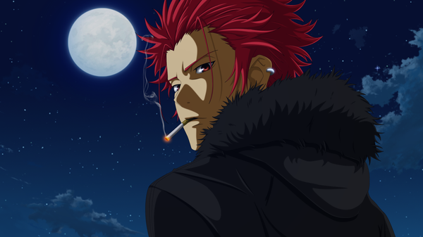 Anime picture 2000x1125 with k-project gohands (studio) mikoto suoh flowerinhell single highres short hair red eyes wide image sky cloud (clouds) red hair night smoke boy jacket fur hood moon star (stars)