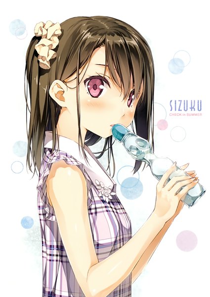 Anime picture 2479x3500 with 5 nenme no houkago (artbook) shizuku (kantoku) kantoku single tall image looking at viewer blush highres short hair open mouth black hair simple background purple eyes absurdres sleeveless character names one side up turning head plaid girl