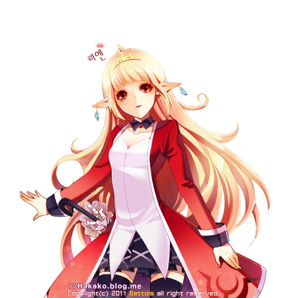 Anime picture 1000x1000 with original bettols single long hair looking at viewer open mouth blonde hair red eyes white background pointy ears closed umbrella girl thighhighs dress black thighhighs earrings umbrella jewelry tiara