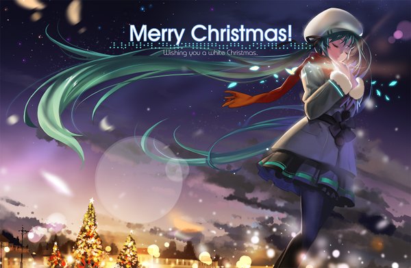 Anime picture 1571x1024 with vocaloid hatsune miku alphonse (white datura) single long hair twintails sky cloud (clouds) eyes closed very long hair inscription night sky christmas merry christmas girl petals scarf feather (feathers) cap winter clothes