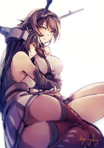 Anime picture 700x990 with kantai collection nagato battleship mutsu battleship kyouya (mukuro238) long hair tall image breasts light erotic black hair brown hair large breasts multiple girls green eyes signed eyes closed zettai ryouiki hug shoujo ai girl thighhighs