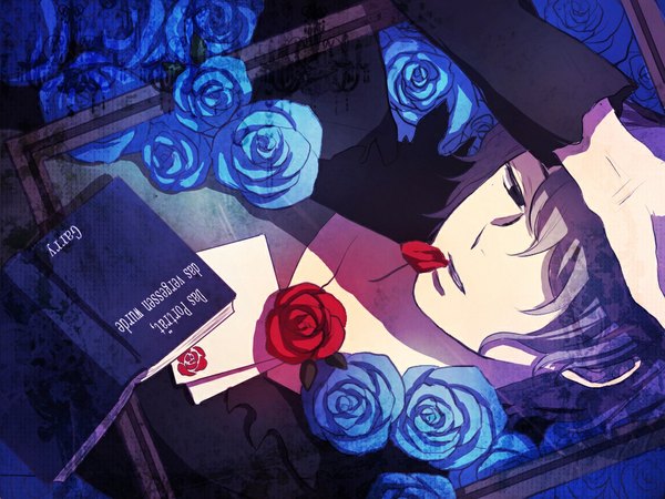 Anime picture 1024x768 with ib (game) garry (ib) single fringe short hair purple eyes purple hair hair over one eye framed boy flower (flowers) petals rose (roses) book (books) blue rose
