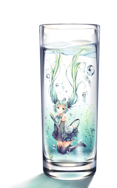 Anime picture 1000x1600 with vocaloid hatsune miku tidsean single tall image simple background white background twintails very long hair aqua eyes aqua hair underwater girl thighhighs skirt miniskirt necktie bubble (bubbles) skirt set glass
