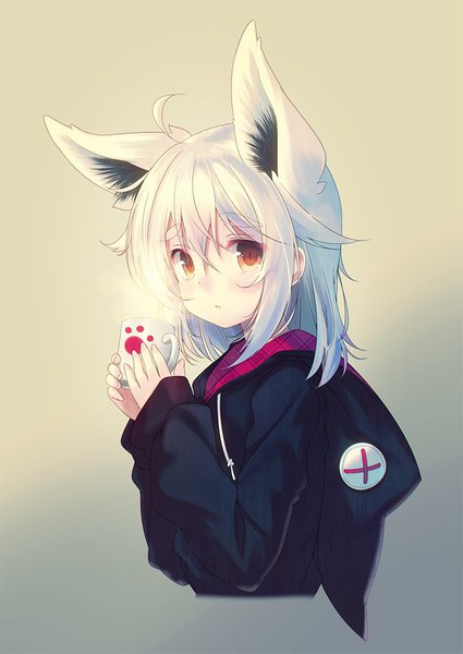 Anime picture 724x1023 with original misaki yuu (dstyle) single tall image looking at viewer blush fringe short hair simple background hair between eyes holding brown eyes animal ears upper body ahoge white hair fox ears gradient background portrait eyebrows