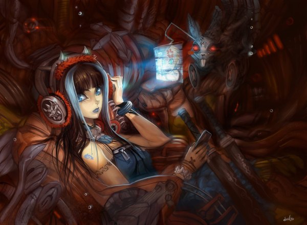 Anime picture 1280x938 with original elsevilla single long hair blue eyes bare shoulders nail polish multicolored hair lips tattoo mechanical girl sword bracelet headphones wire (wires) bunny monitor