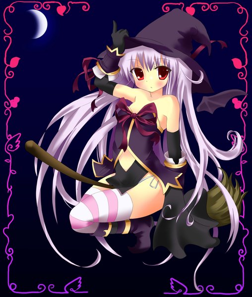 Anime picture 4000x4720 with original anyannko single long hair tall image blush highres red eyes absurdres purple hair witch broom riding girl thighhighs gloves elbow gloves witch hat striped thighhighs broom