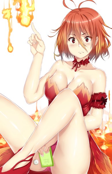 Anime picture 3700x5700 with amagi brilliant park kyoto animation salama (amaburi) hews single tall image highres short hair breasts light erotic red eyes sitting absurdres red hair girl dress fire phone