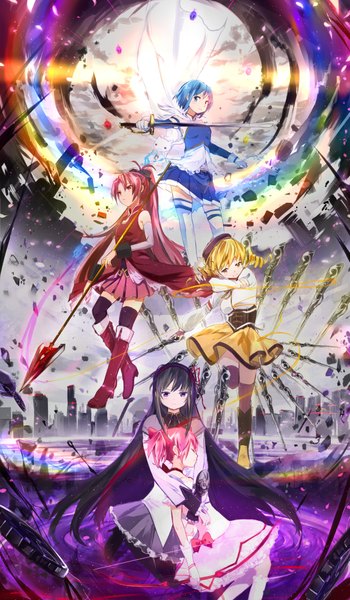 Anime picture 1167x2000 with mahou shoujo madoka magica shaft (studio) akemi homura kaname madoka sakura kyouko miki sayaka tomoe mami kyuubee ume (plumblossom) long hair tall image looking at viewer blush short hair blue eyes black hair blonde hair red eyes twintails purple eyes