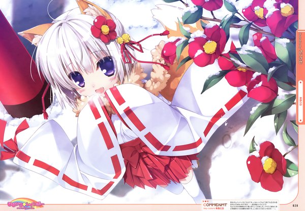 Anime picture 4857x3369 with original dengeki moeou chikotam single blush highres short hair open mouth smile purple eyes absurdres white hair traditional clothes japanese clothes scan fang (fangs) winter snow exhalation girl