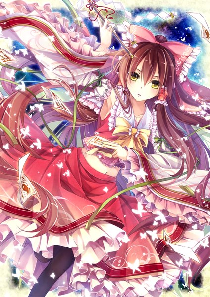 Anime picture 751x1062 with touhou hakurei reimu mochizuki shiina single long hair tall image looking at viewer brown hair yellow eyes traditional clothes girl skirt bow ribbon (ribbons) hair bow frills insect butterfly skirt set gohei