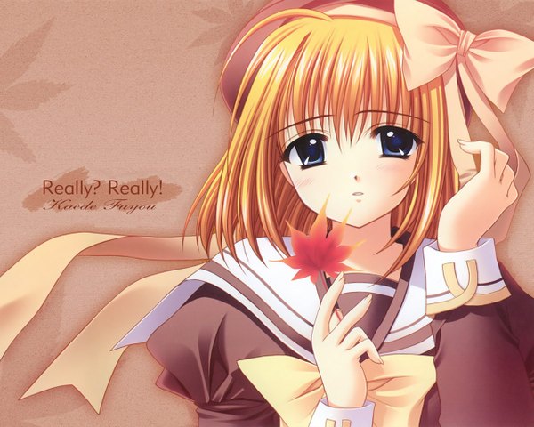 Anime picture 1280x1024 with shuffle! really really fuyou kaede suzuhira hiro nishimata aoi single looking at viewer short hair open mouth blue eyes blonde hair upper body third-party edit girl bow ribbon (ribbons) hair bow hair ribbon leaf (leaves) cap