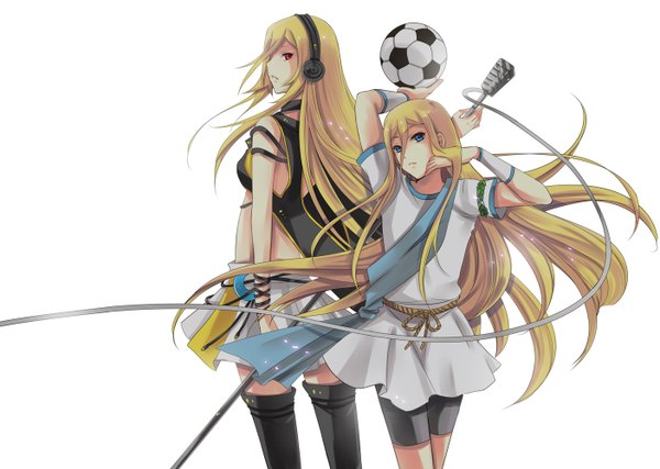 Anime picture 1403x1000 with inazuma eleven vocaloid lily (vocaloid) afuro terumi tagme (artist) long hair blue eyes blonde hair red eyes white background otoko no ko crossover girl boy headphones microphone ball soccer ball