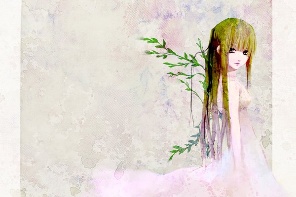 Anime picture 1440x960 with original atha29 single long hair looking at viewer green hair grey eyes girl dress leaf (leaves) branch