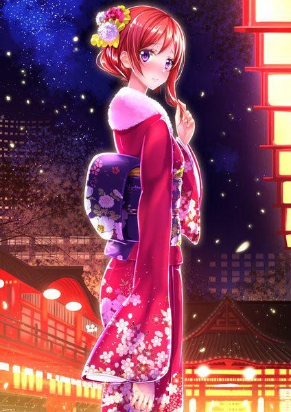 Anime picture 1187x1680 with love live! school idol project sunrise (studio) love live! nishikino maki swordsouls single tall image blush short hair purple eyes red hair traditional clothes japanese clothes looking back girl hair ornament petals kimono obi kanzashi