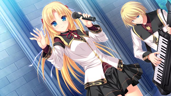 Anime picture 1920x1080 with ryuuyoku no melodia carlyle mel tenmaso long hair highres short hair blue eyes blonde hair wide image game cg girl boy uniform ribbon (ribbons) hair ribbon school uniform microphone