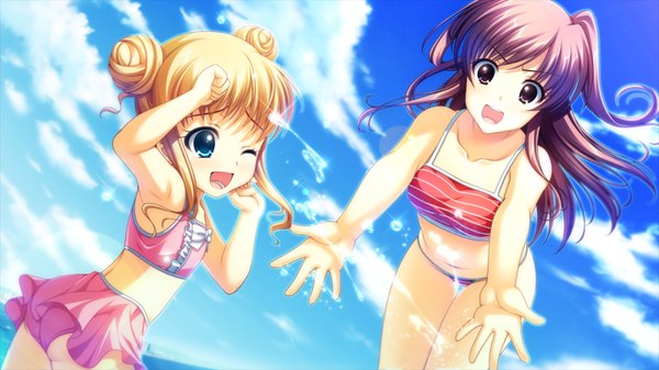 Anime picture 1600x900 with artemis blue long hair open mouth blue eyes blonde hair brown hair wide image brown eyes game cg girl swimsuit child (children)