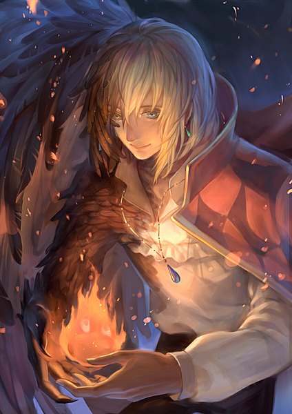 Anime picture 636x900 with howl's moving castle studio ghibli howl calcifer axis (artist) tall image fringe short hair blonde hair smile aqua eyes fingernails black wings glow single wing boy earrings shirt wings white shirt