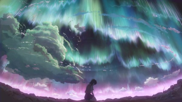 Anime picture 1366x768 with hoshi wo ou kodomo watase asuna short hair brown hair wide image sky cloud (clouds) night sky kneeling back aurora borealis girl uniform school uniform child (children)