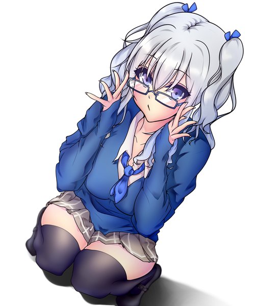 Anime picture 2000x2200 with kantai collection kashima training cruiser tetsu (excalibur920) single long hair tall image looking at viewer blush fringe highres breasts blue eyes simple background hair between eyes white background twintails white hair pleated skirt dutch angle zettai ryouiki