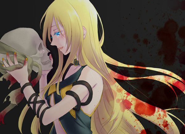Anime picture 1100x800 with vocaloid lily (vocaloid) shoshun single long hair blush open mouth blonde hair simple background holding nail polish aqua eyes no bra tears crying yandere girl dress uniform blood
