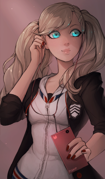 Anime picture 2000x3400 with persona 5 persona takamaki anne matilda vin single long hair tall image fringe highres blue eyes blonde hair twintails holding signed looking away upper body nail polish aqua eyes open clothes open jacket