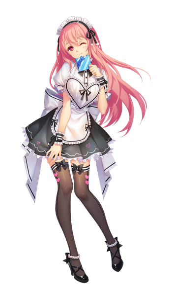 Anime picture 875x1500 with sangai senki tidsean single long hair tall image looking at viewer fringe hair between eyes pink hair full body head tilt one eye closed pink eyes light smile wink maid transparent background girl thighhighs uniform