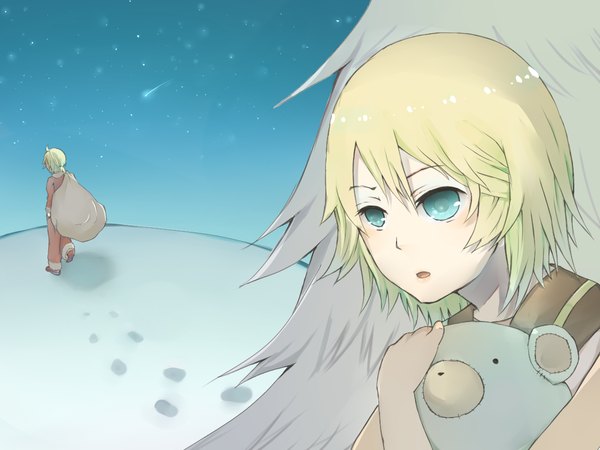 Anime picture 1200x900 with vocaloid kagamine rin kagamine len snowing christmas winter snow footprints girl
