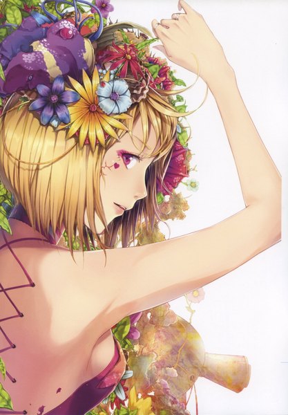 Anime picture 2430x3494 with original pixiv jname single tall image looking at viewer highres short hair breasts open mouth blonde hair white background purple eyes bare shoulders pink eyes looking back hair flower light smile scan sideboob